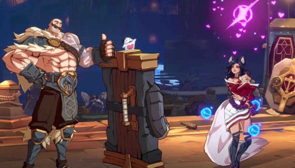 Braum dà un pollice accanto ad Ahri circondato da cuori in 2xko.