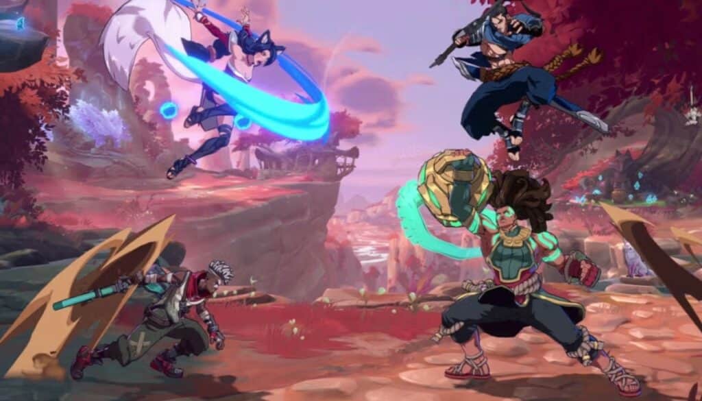 Ahri, Yasuo, Ekko, and Illaoi fighting in a colorful stage in 2XKO closed beta.