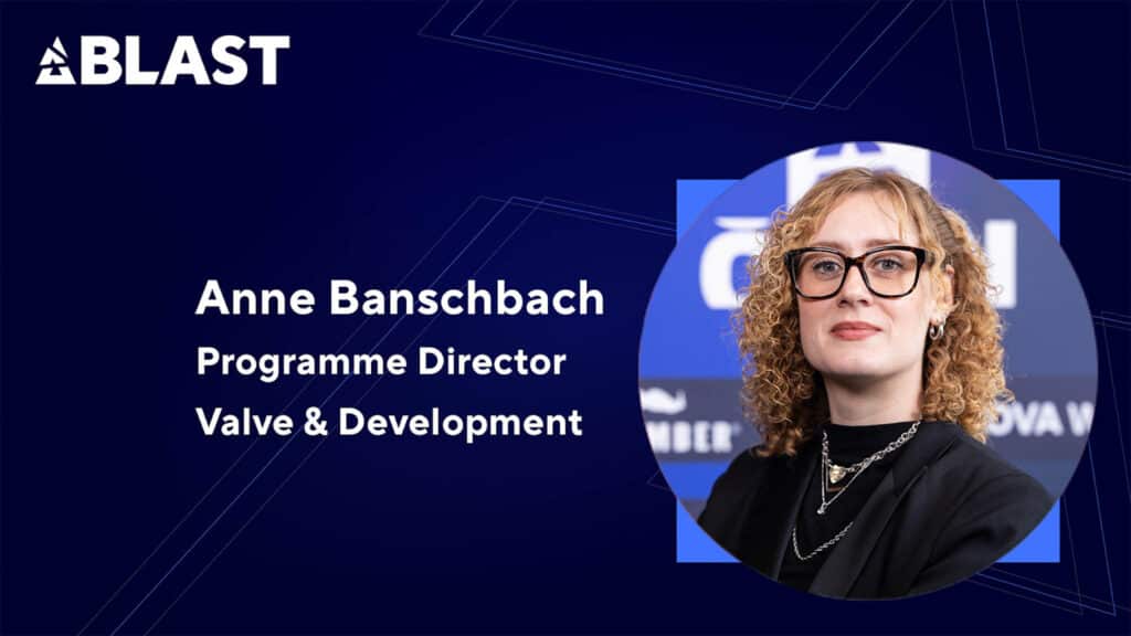 Image of Anne Banschebach on a blue background next to white text. The BLAST logo is in the top left of the image