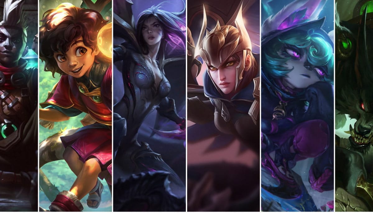 A lineup of six fantasy characters LoL, each in their own panel