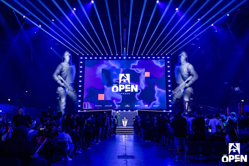 Image of BLAST Open London stage illuminated with blue lights