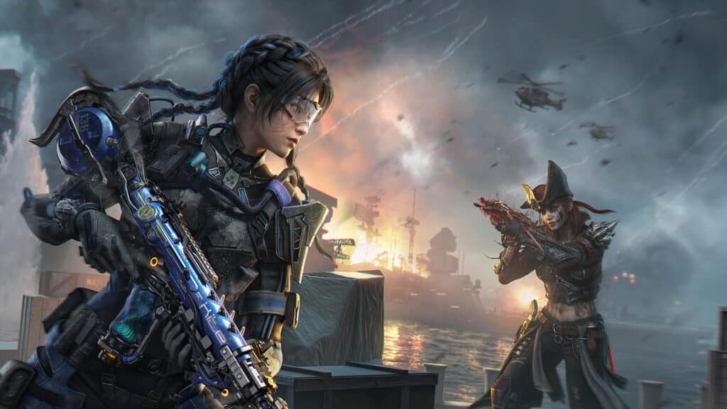 Call of Duty Mobile players in action with burning buildings in the background