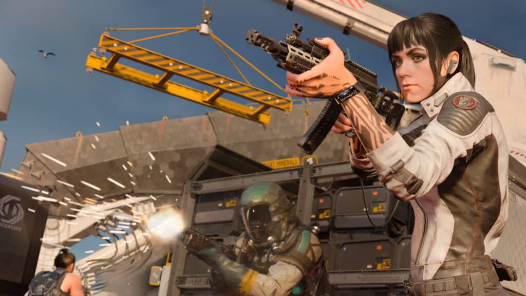 Imagem de um jogador de Call of Duty Black Ops 7 segurando uma submetralhadora, com outro atirando ao fundo.