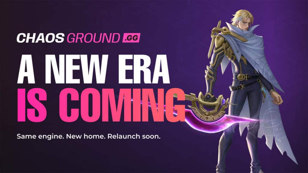 Image of ChaosGround logo above pink and white text. A game character is on the right hand side holding a purple bladed weapon