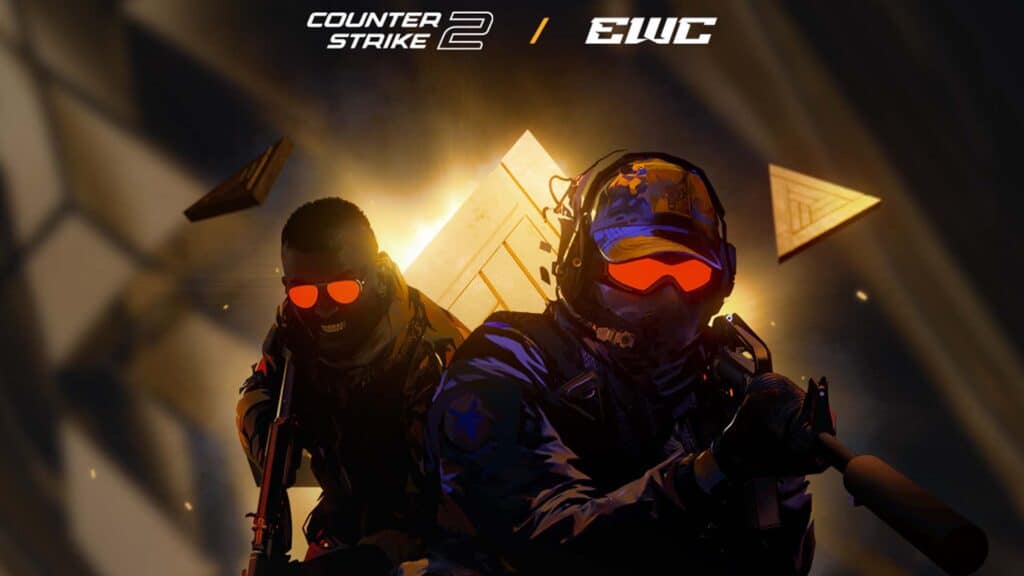 Image of Counter-Strike 2 CT and T player model holding a gun on a gold background. The Counter-Strike 2 and Esports World Cup logos are at the top of the image