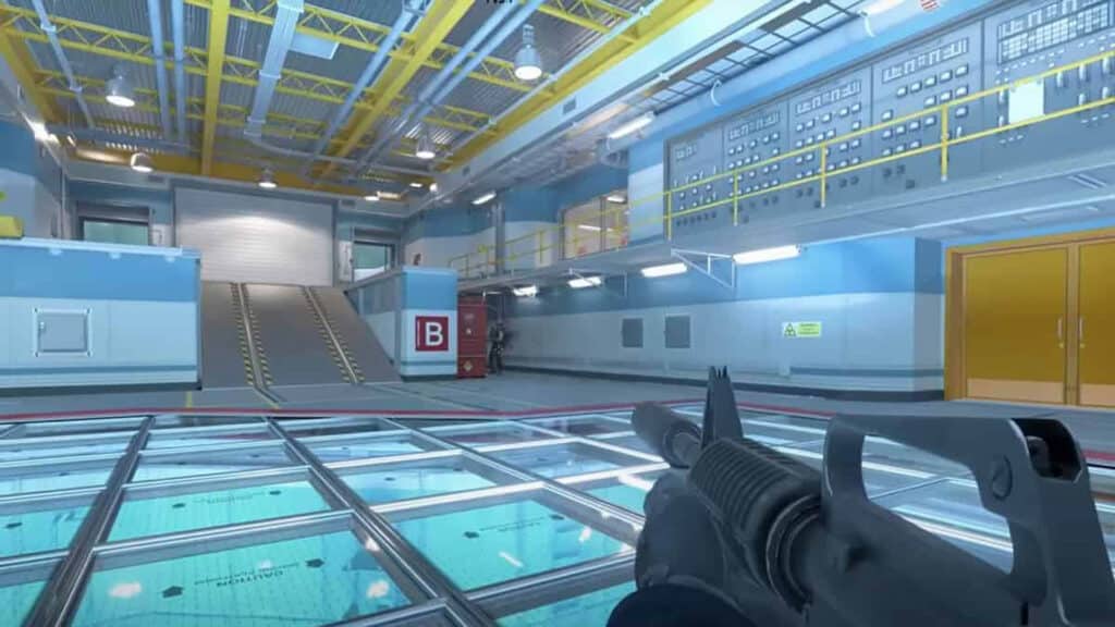 Image of Counter-Strike 2 player aiming at opponent on the B site of Nuke