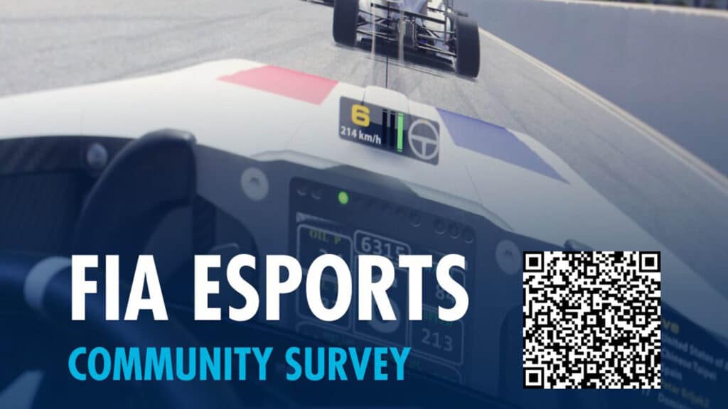 Image of FIA Esports community survey text next to a QR code. The background is an F4 car in iRacing