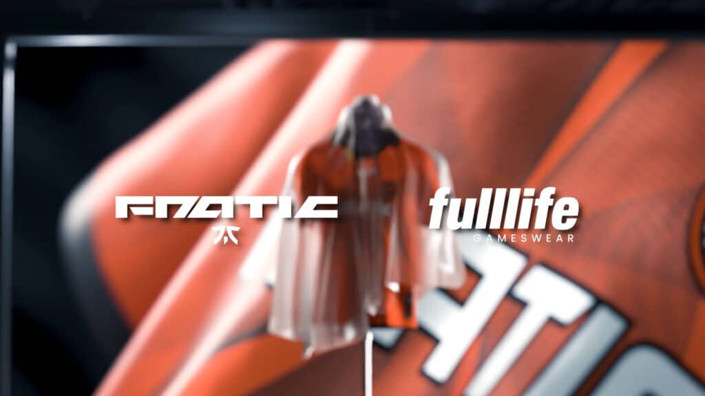 Image of Fnatic and Fulllife logos with an orange jersey placed on a stand in the background