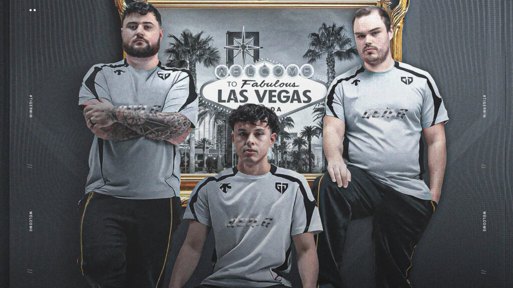 Gen.G Call of Duty Warzone players wearing jerseys in front of a Las Vegas sign