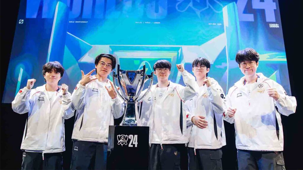 Image of T1 League of Legends team celebrating League of Legends Worlds 2024 win