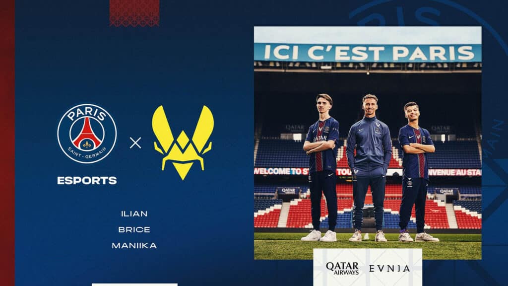 Image of PSG Esports and Team Vitality logos on a blue background. On the right of the image, Team Vitality players are posing while wearing PSG jerseys