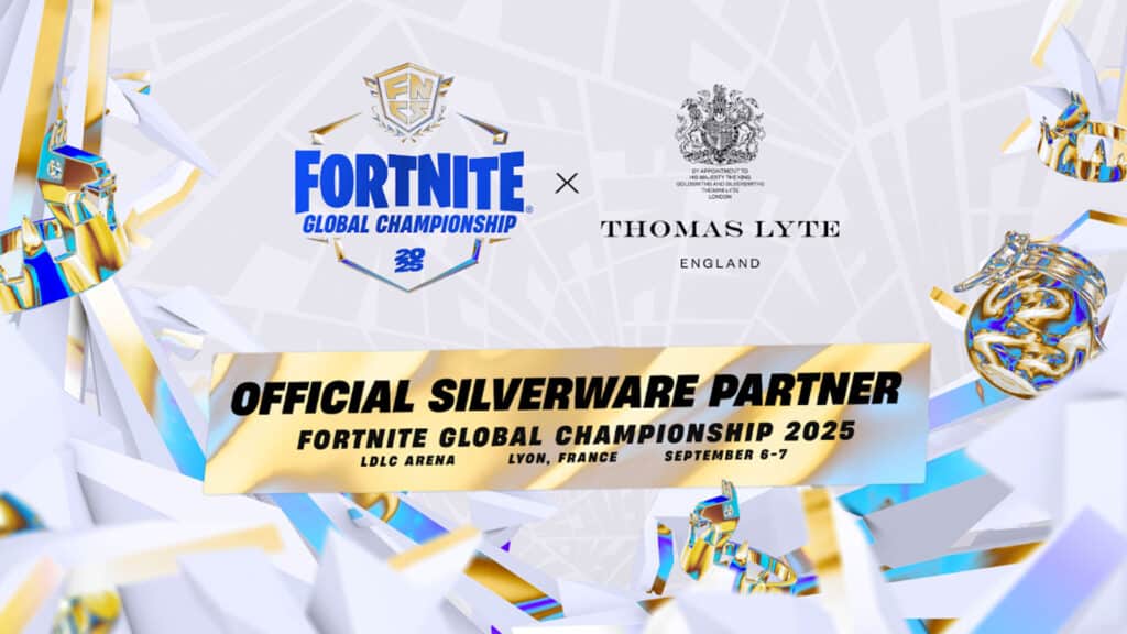 Image of FNCS 2025 Global Championship and Thomas Lyte logos on a white and gold background. Black text is underneath the logos on a gold background