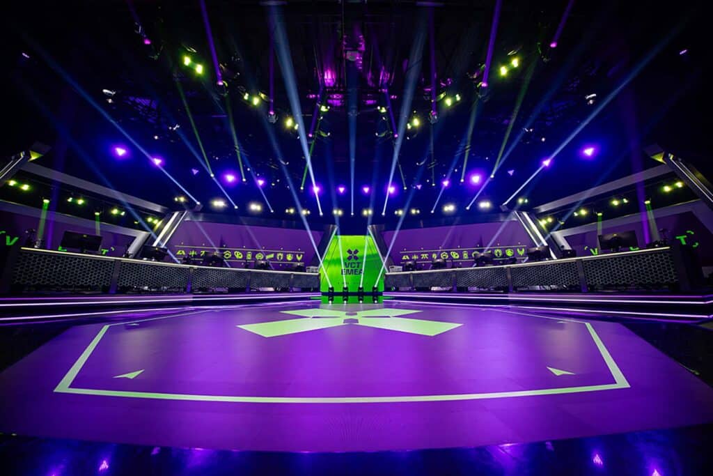 Image of VCT EMEA stage illuminated with blue lighting