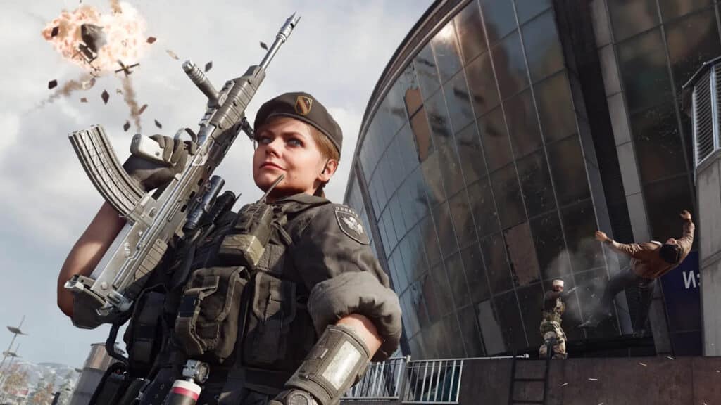 Image of Call of Duty Warzone player pointing assault rifle in the air. Players are fighting near a building in the background.