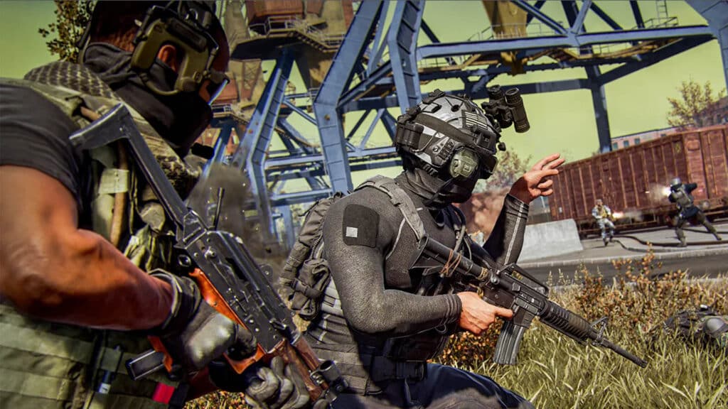 Image of Call of Duty Warzone players holding weapons. A blue crane is in the background