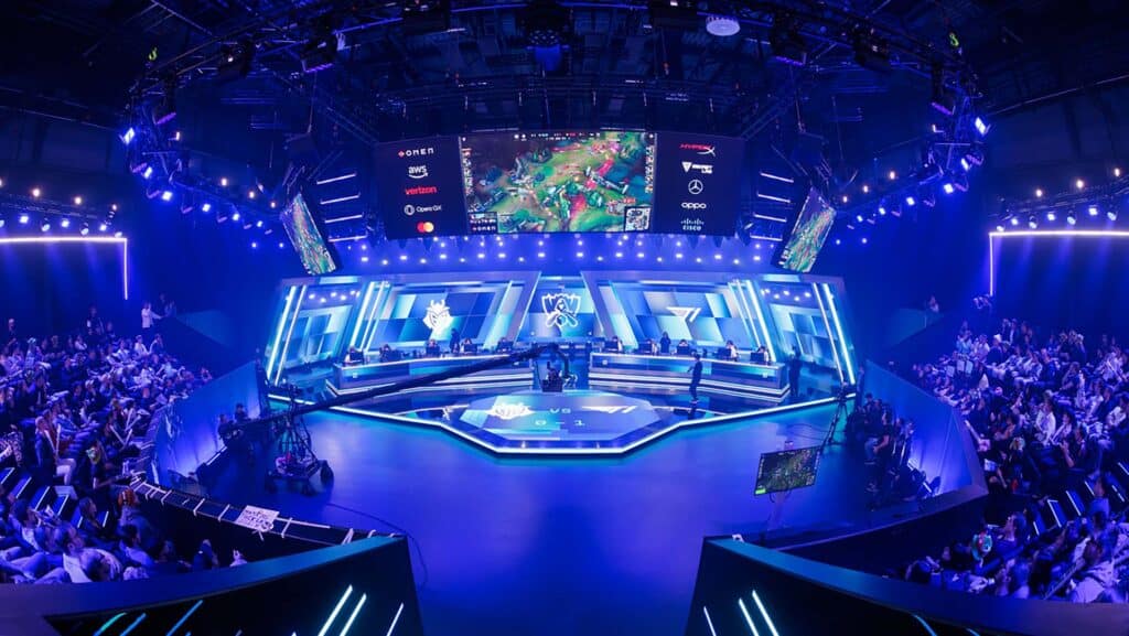 Ygam League of Legends esports stage illuminated with blue lights