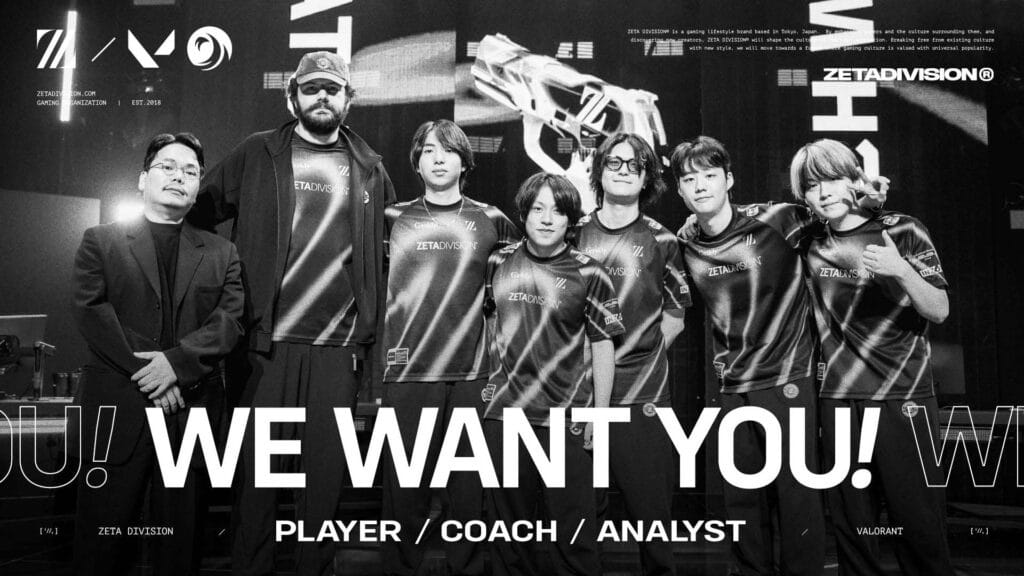 Image of ZETA Division VALORANT roster standing together on a stage with white text in foreground
