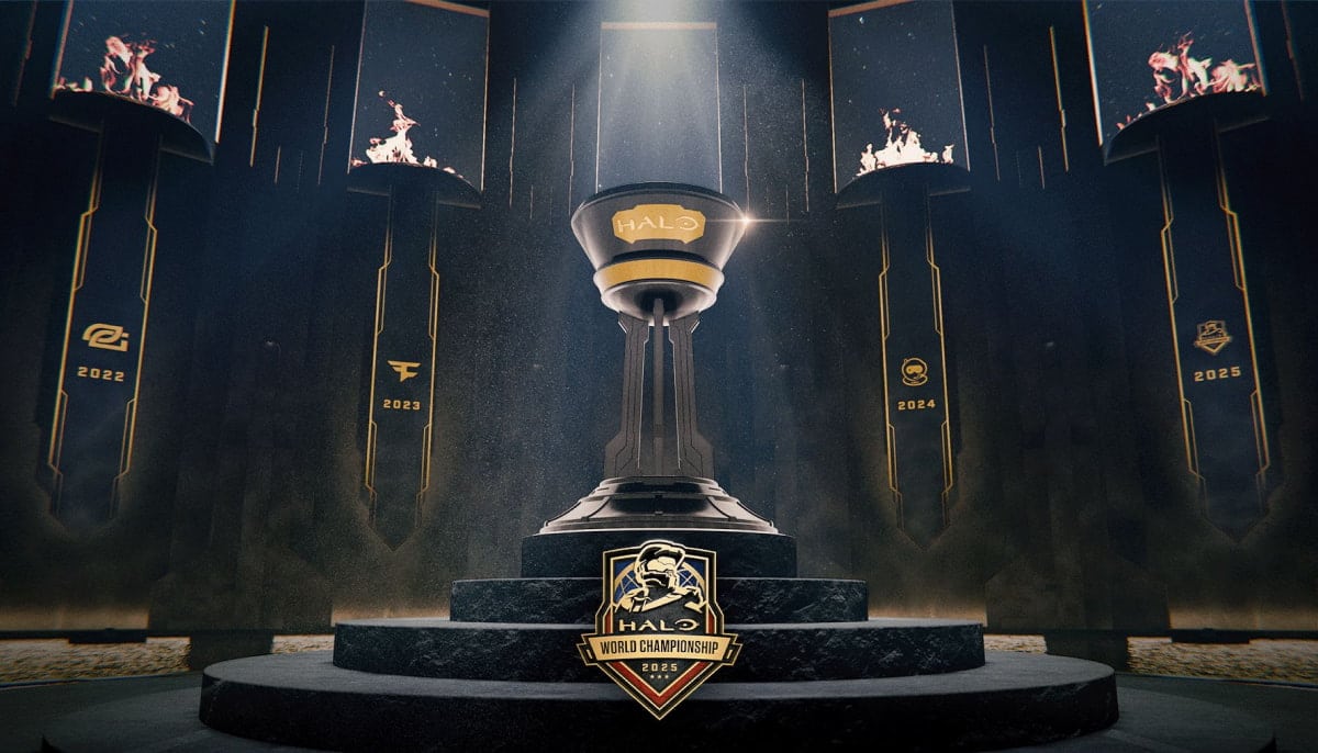Grand trophy with "Halo" emblem center stage, surrounded by futuristic pillars showing yearly icons from 2022 to 2025 with flames