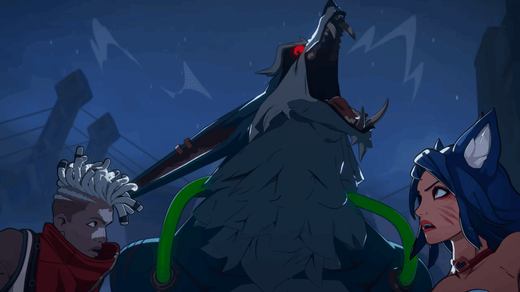 Riot Games 2XKO cinematic trailer Ties That Bind featuring Courtney LaPlante vocals, screenshot of Ekko, Ahri, and Warrick.