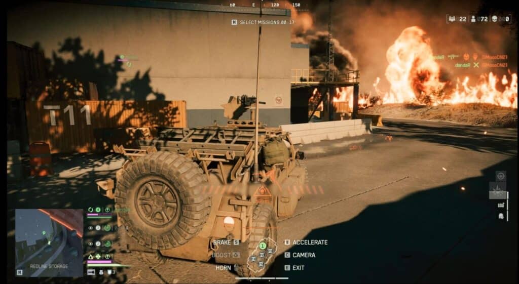 BF 6 scene shows a military vehicle on a street, surrounded by burning buildings and explosions in the background