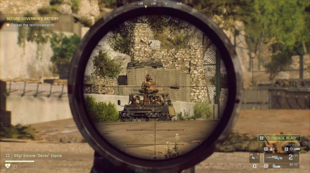 Battlefield 6 game scene with rifle scope view targets a soldier on a vehicle surrounded by sandbags in a stone-walled compound