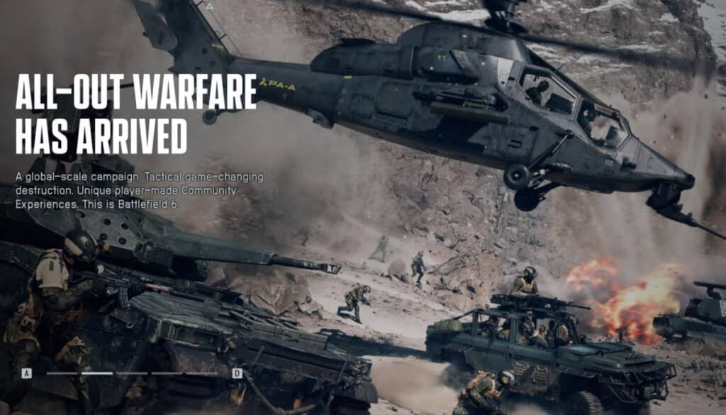 Soldiers, vehicles, and helicopters engage in large-scale combat in Battlefield 6
