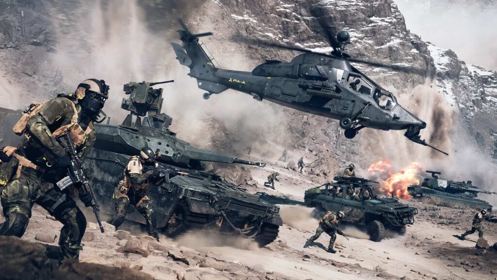 Soldiers, tanks, and helicopters engage in a massive desert battle in Battlefield 6