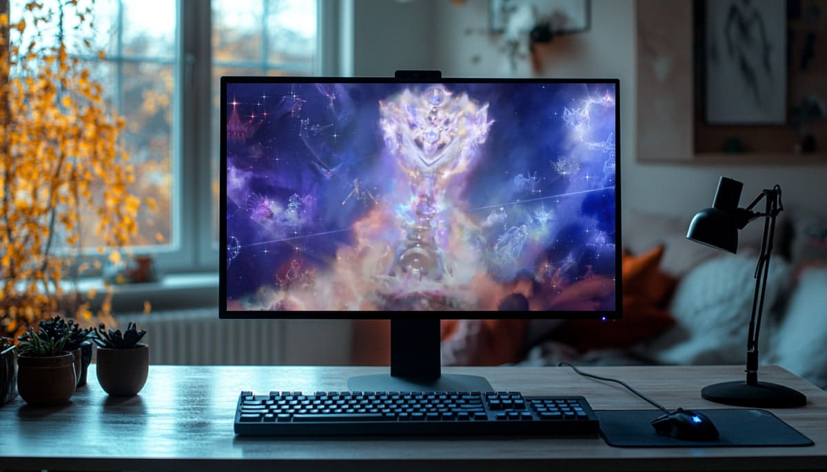 A computer monitor on a desk displays The Summoner’s Cup along with multiple easter eggs