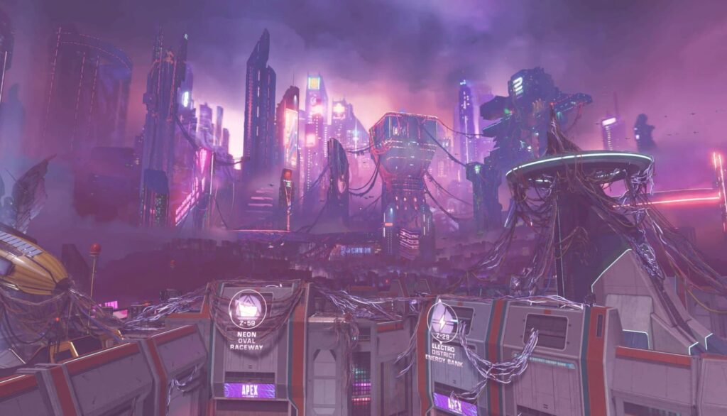 Apex Legends city map with neon lights featured during the Tricks N’ Treats Halloween event
