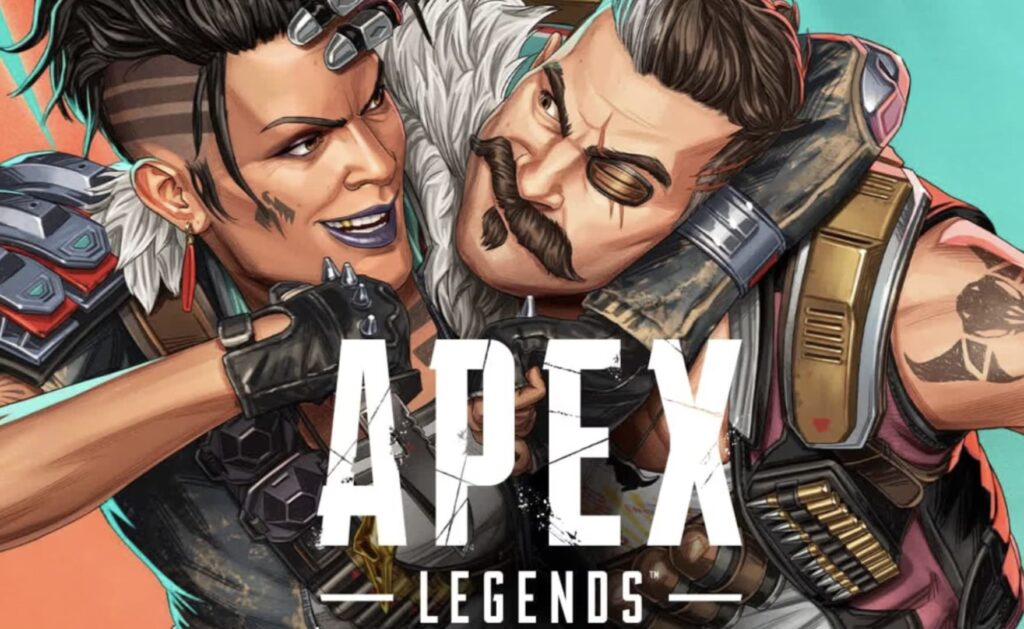 Illustrated characters from Apex Legends embrace playfully