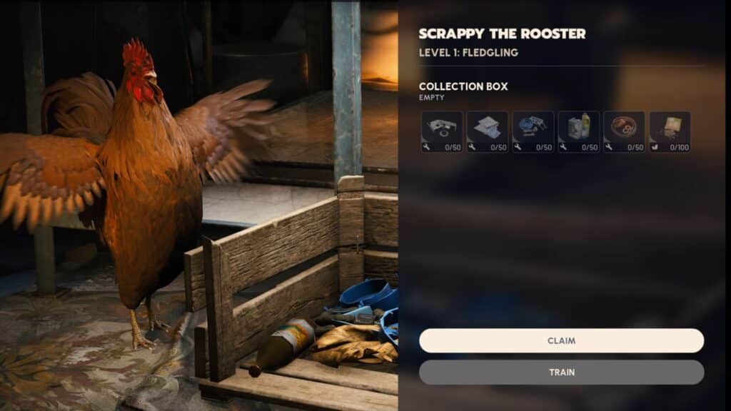 A rooster flaps its wings beside a wooden crate filled with miscellaneous items in Arc Raiders