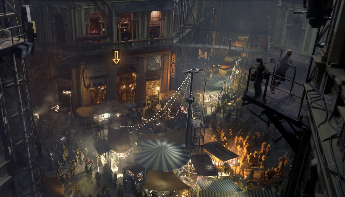 Dimly lit, bustling market scene in a large, open arcade with string lights, vibrant booths, and crowds in Arc Raiders