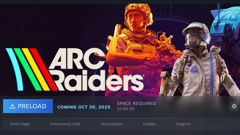 Steam preload screen showing Arc Raiders release date and file size