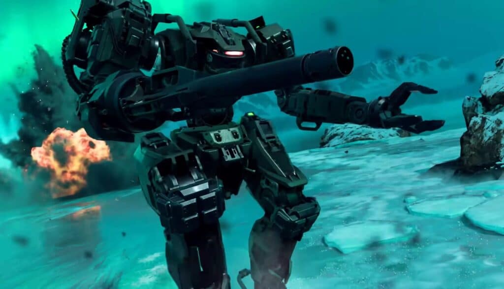 Un potente robot futuristico con un grande cannone si trova su un terreno ghiacciato sotto un cielo pieno di aurora in Black Ops 7.