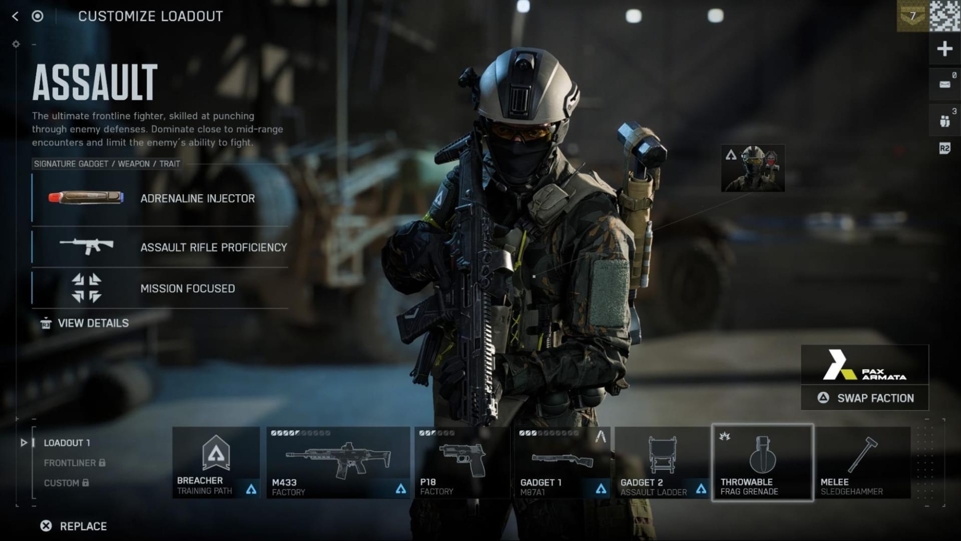 Tela do Battlefield 6 mostrando um soldado com equipamento tático segurando um rifle. Com opções para personalizar armas.