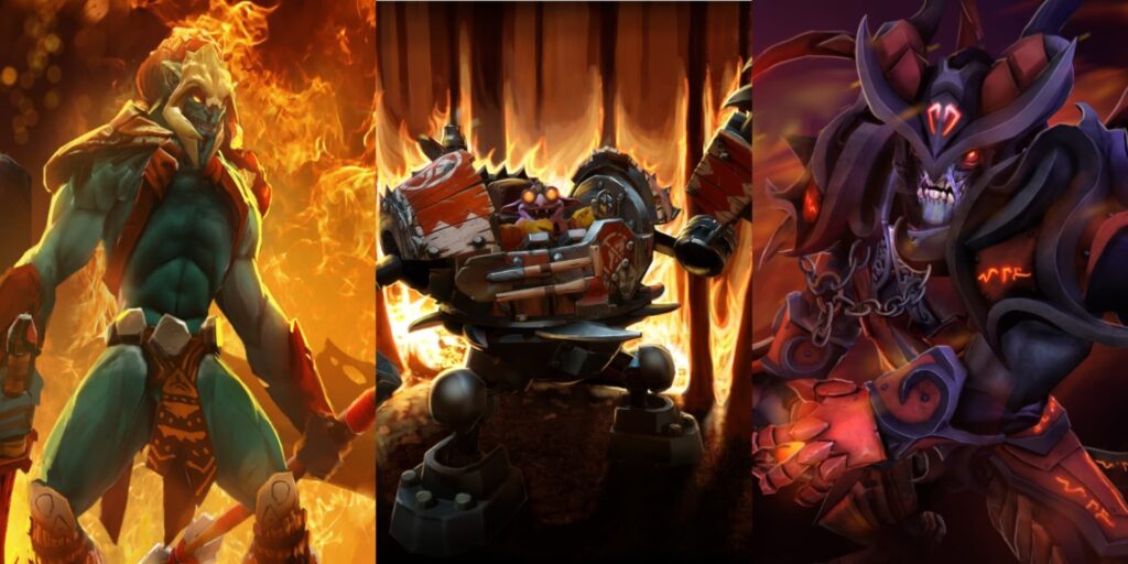 Três personagens poderosos do Dota 2 atuam como um cenário de fogo.