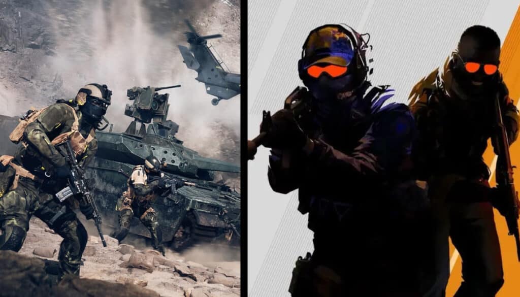 A split image comparing soldiers from Battlefield 6 and operatives from Counter-Strike 2