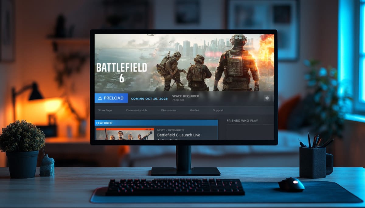 A computer screen on a desk shows a "Battlefield 6" preload page with soldiers and a city backdrop