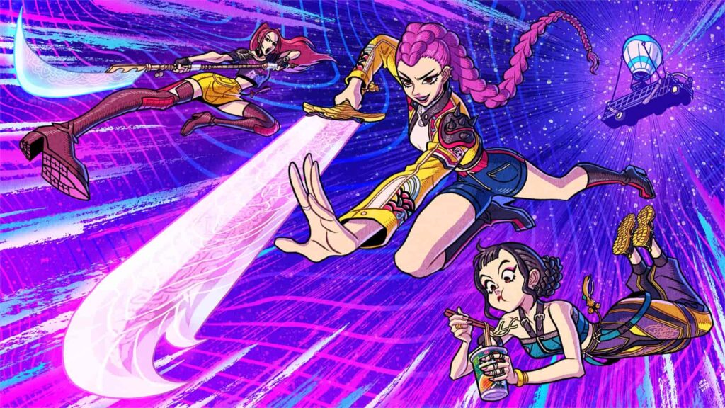 K-pop Demon Hunters personaggi a Fortnite con armi e ramen
