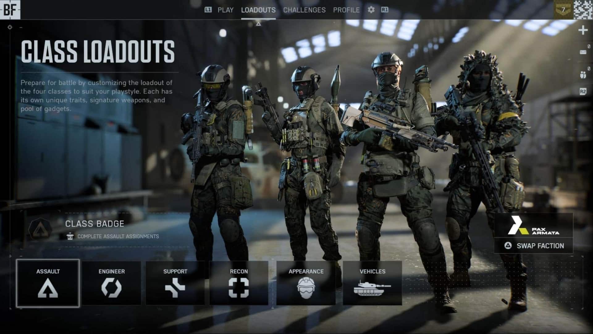 Quatro soldados fortemente armados e com equipamento tático estavam em um hangar mal iluminado, dizia a mensagem. "Carregando aulas" com as opções de menu abaixo no Battlefield 6