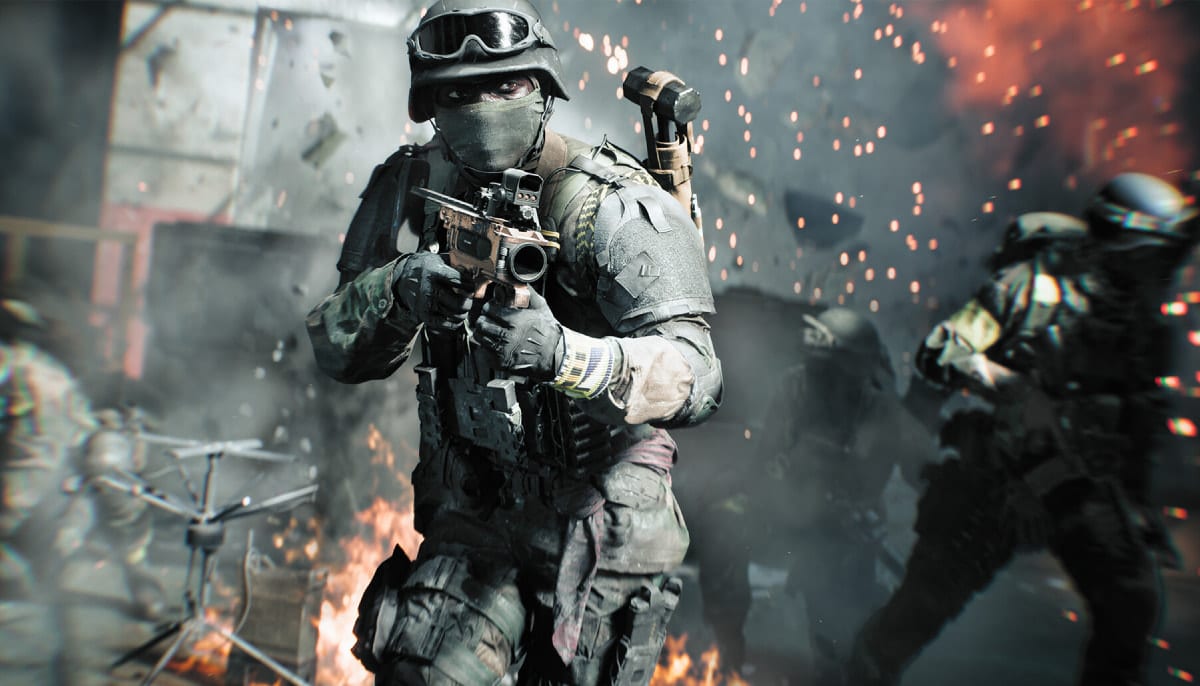 A soldier in tactical gear runs forward in an intense battle scene, surrounded by flames and sparks in Battlefield 6