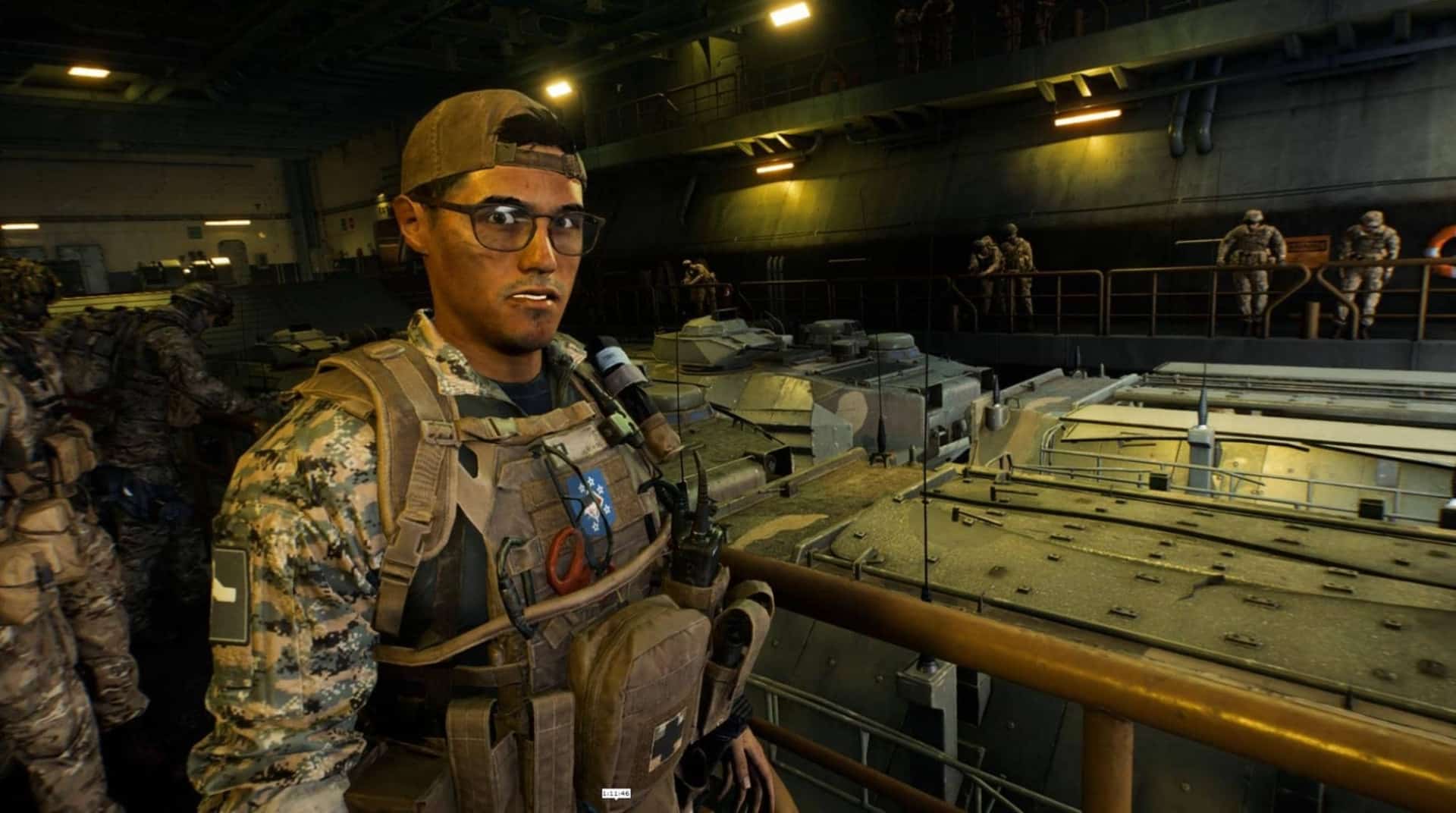 A soldier in camo gear and glasses stands on a dimly lit military ship in BF 6