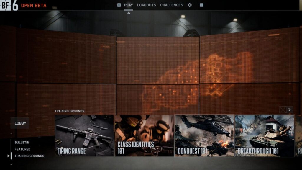 Main lobby screen from the Battlefield 6 open beta showing Training Grounds options like Firing Range, Class Identities 101, Conquest 101, and Breakthrough 101