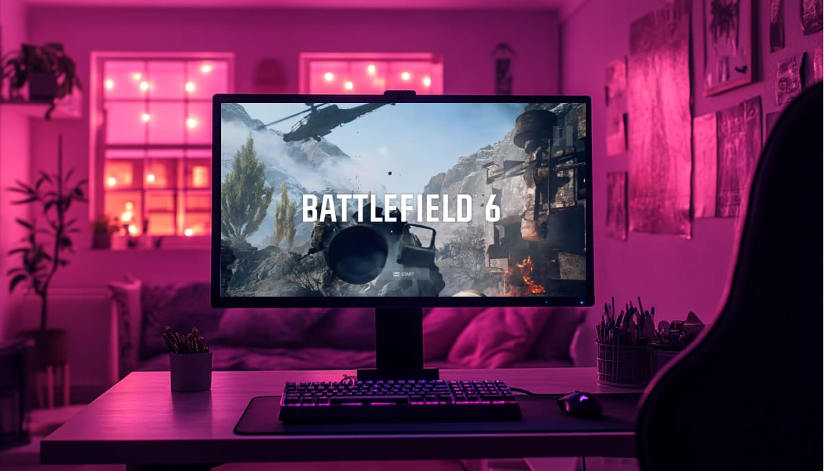 A computer monitor displays the game "Battlefield 6" in a cozy room with moody pink lighting