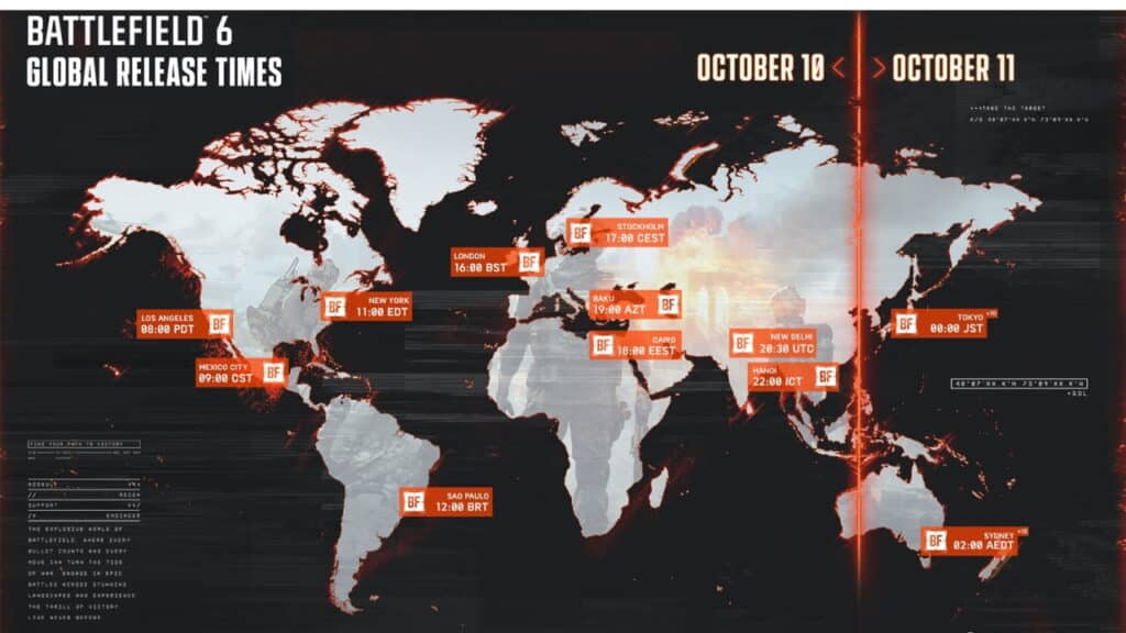 Show de mapa do mundo "Battlefield 6" Times de lançamento global de 10 a 11 de outubro marcado com um ícone da cidade com diferentes fusos horários.