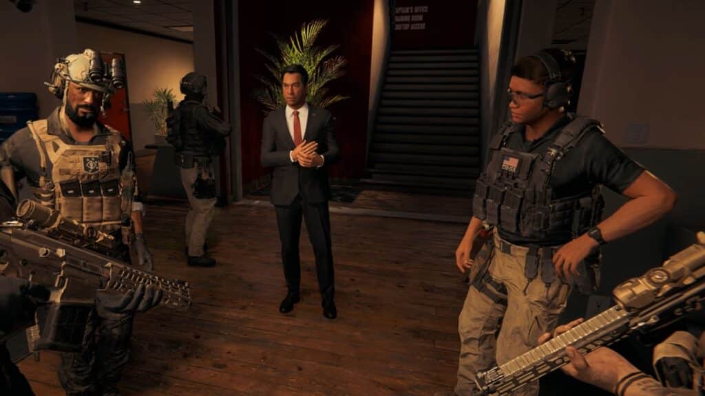 A suited man stands in a dimly lit room with armed soldiers in tactical gear, in BF 6