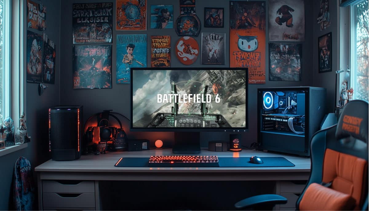 A cozy gaming setup features a monitor displaying "Battlefield 6" on a sleek desk