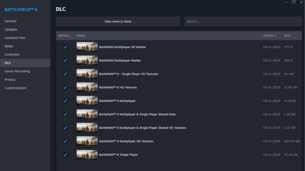 Menu de vapor dlc para "Battlefield 6." Mostre a lista de DLC instalada com marca barata, nome, data e tamanho do arquivo.