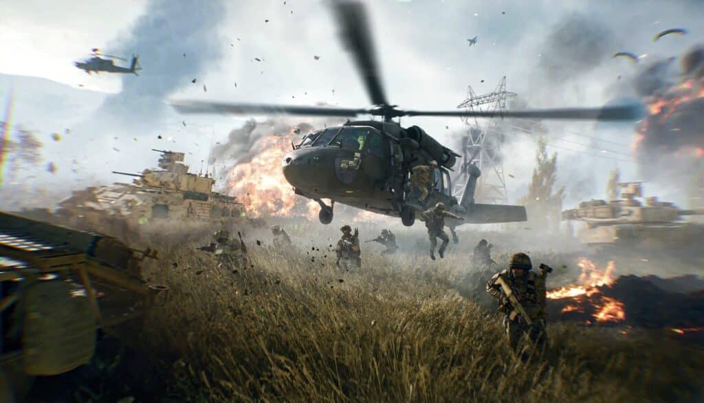 Helicopter flying above the ground in Battlefield 6 scene