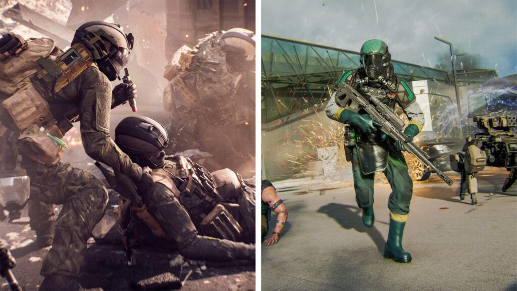 Two-image split: Battlefield 6 and Call of Duty game scenes